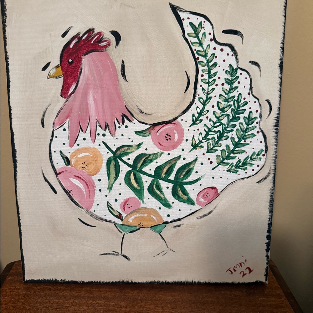 Floral Chicken Art Print - Pink and Green
